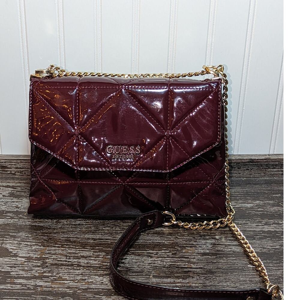 Guess Dark Cranberry Ellery Quilted Patent Faux Leather Crossbody Bag